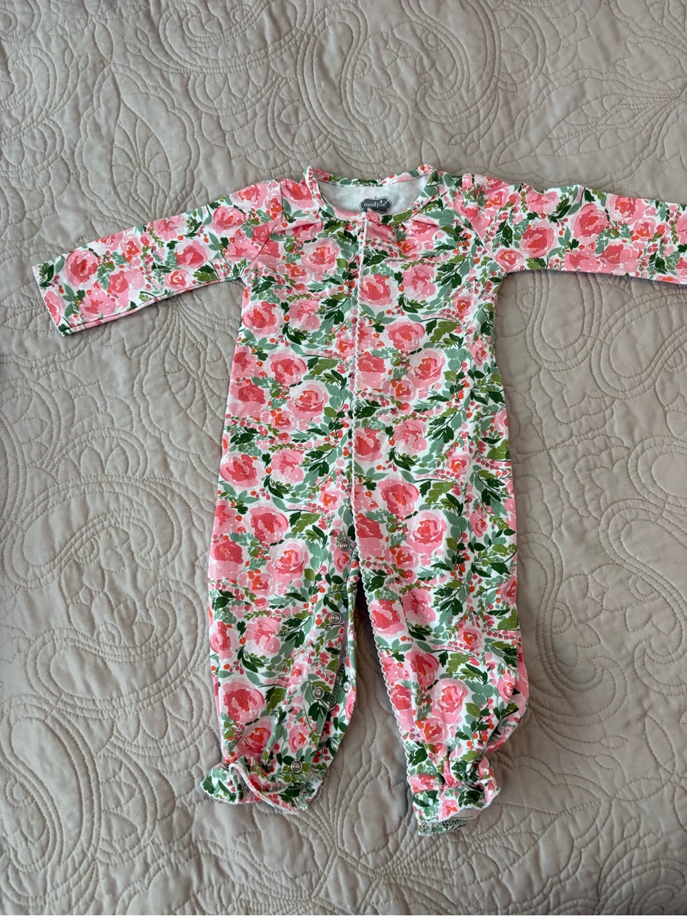 Mud Pie Pink and Green Floral Baby One-Piece Zip Romper